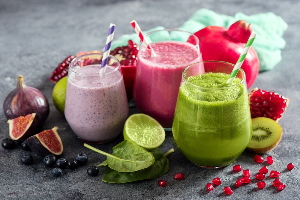 Three delicious and nutritious fruit smoothies like those served at our wellness center in Kansas City