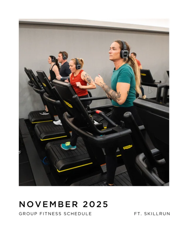 November's featured class is SKILLRUN, a treadmill class using high intensity and Balanced Interval Training (BIT) with automatic treadmill grade incline adjustments you can override at any time. Sound OFF™️ wireless headphones deliver instructor coaching and music for an immersive experience.⁠
⁠
Click the link in our bio to see the November Group Fitness schedule.